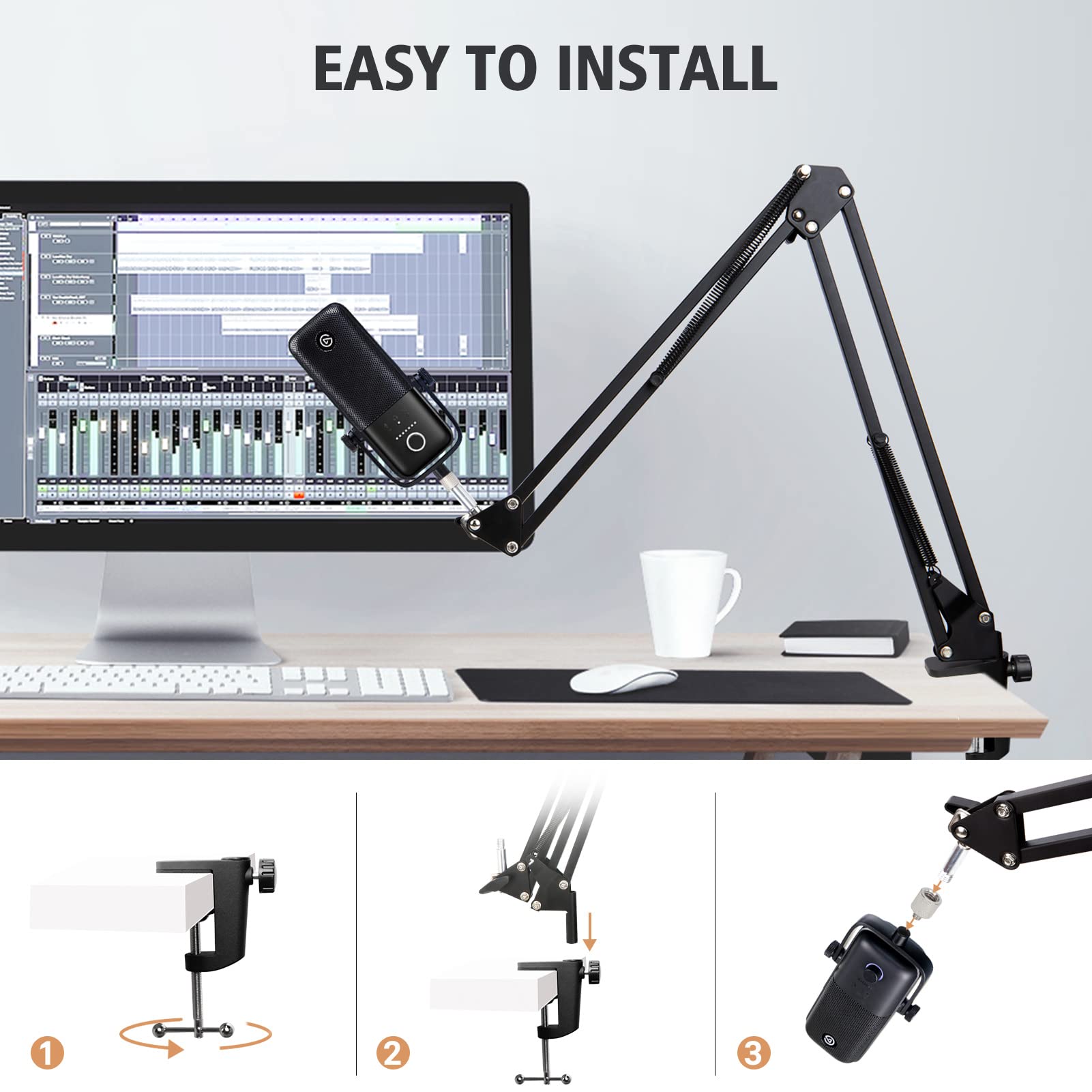 For Elgato Wave 3 Boom Arm Microphone Stand, Professional Mic Boom Arm Mic Stand Compatible with Elgato Wave:3 USB Condenser Mic